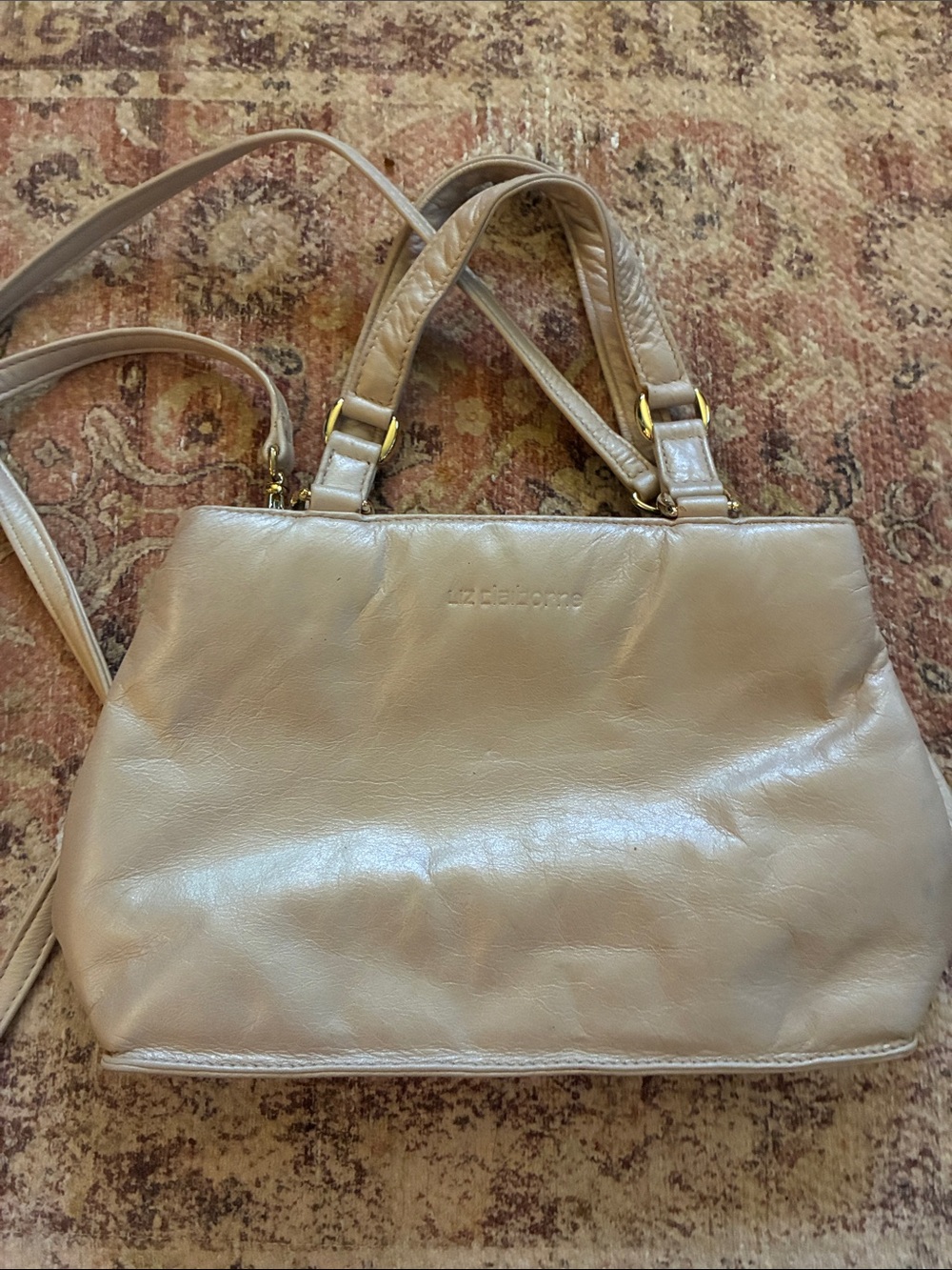 Liz Claiborne Y2K Beige Pearlized Cream Leather Crossbody Tote Small